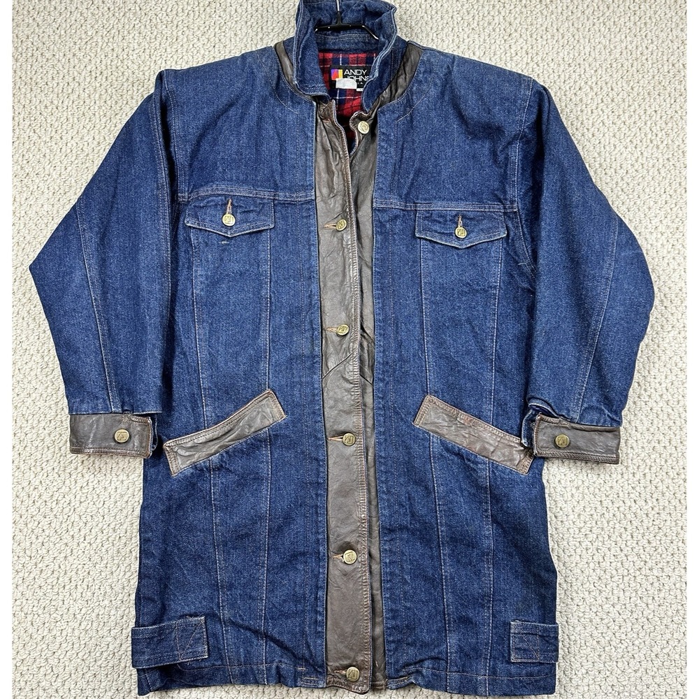 Vintage Andy Johns Mid Duster Denim Coat Womens M Plaid Lined Real Leather Trim